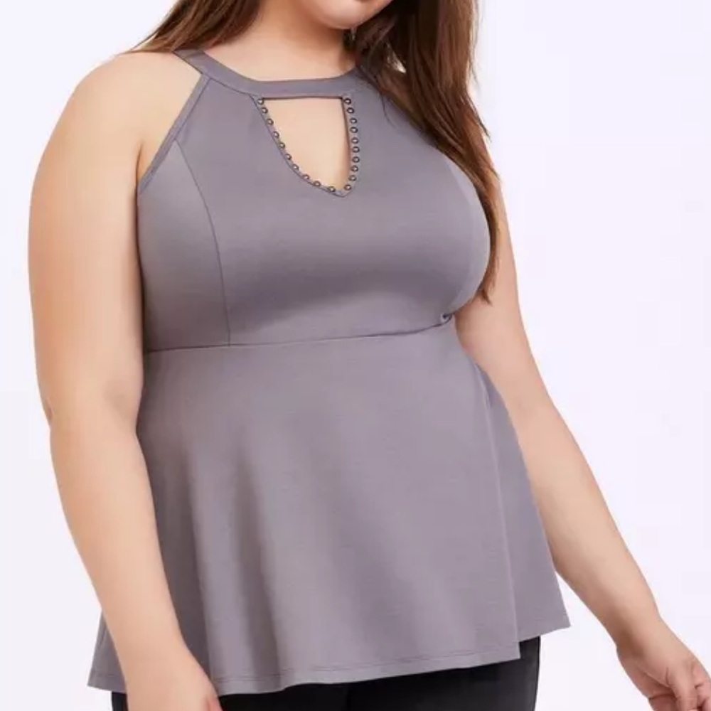 Torrid High Neck; Studded Keyhole Cutout Sleeveless Peplum Tank Top
